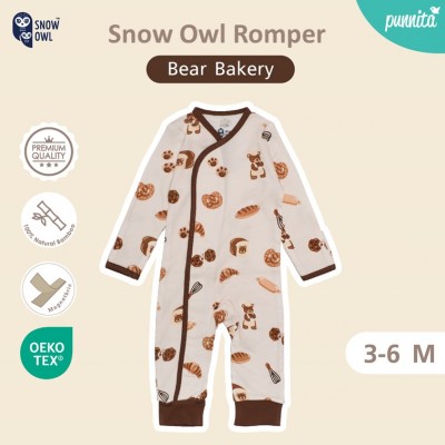 New Collection !! Snow owl Romper  เสื้อป้ายแบบแปะ ชุดหมี แขน-ขายาว 3-6 M - Bear Bakery (วัสดุ ใยไผ่พรีเมี่ยม 100%)